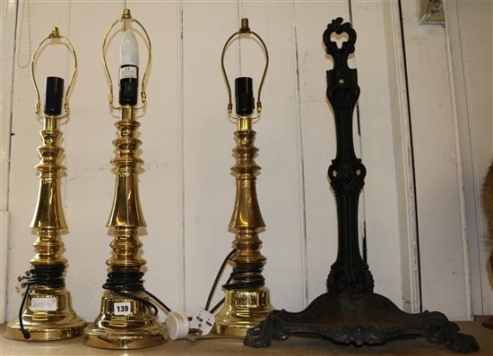 3 brass lamps & part stick stand